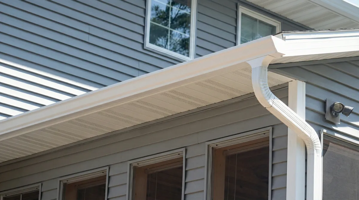 Professional home remodeling project showing newly installed white seamless gutters and downspouts on a house with gray siding in Tuscaloosa, AL