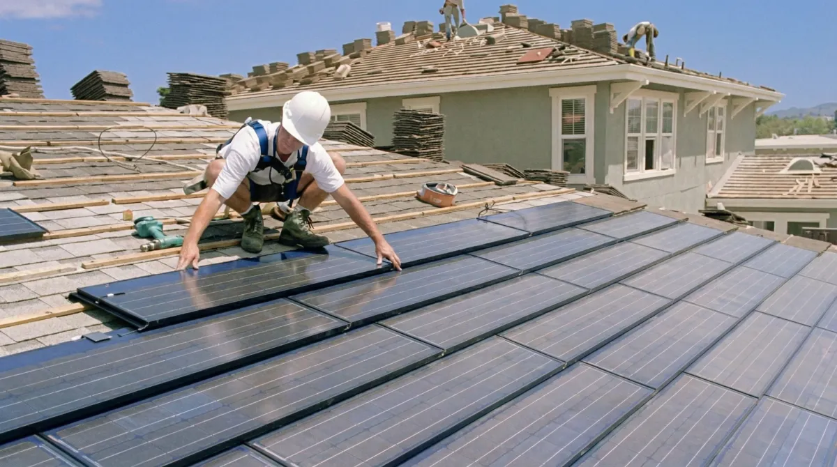 Roof replacement expert installing modern solar shingles on a residential home in Tuscaloosa, AL