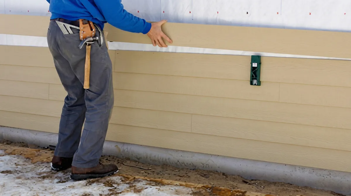 Siding replacement expert carefully aligning a new tan siding panel onto a residential exterior wall in Tuscaloosa, AL