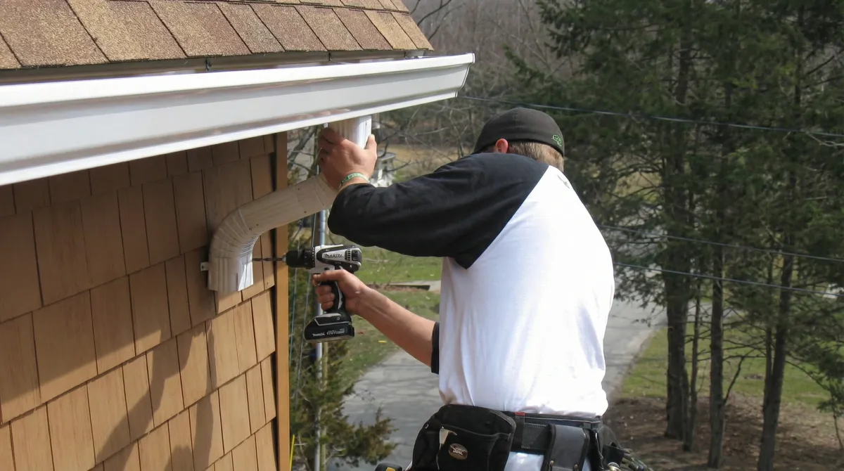 Professional contractor installing tan vinyl siding panels on a residential home exterior in Tuscaloosa, AL