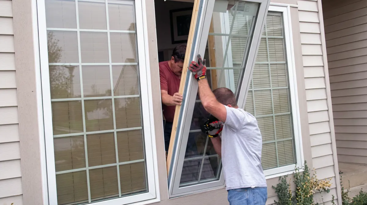 Professional home remodeling team installing a large replacement window on a house with tan siding in Tuscaloosa, AL